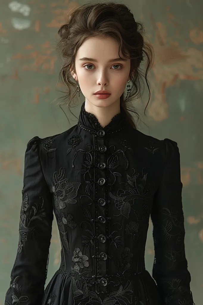 A young woman with dark brown hair styled in an updo  wears a black, long-sleeved dress adorned with intricate floral embroidery. She has fair skin, large, dark eyes, and a serious expression. She stands against a muted green backdrop, creating a stark contrast with her black attire. The image evokes a timeless elegance and a touch of mystery.