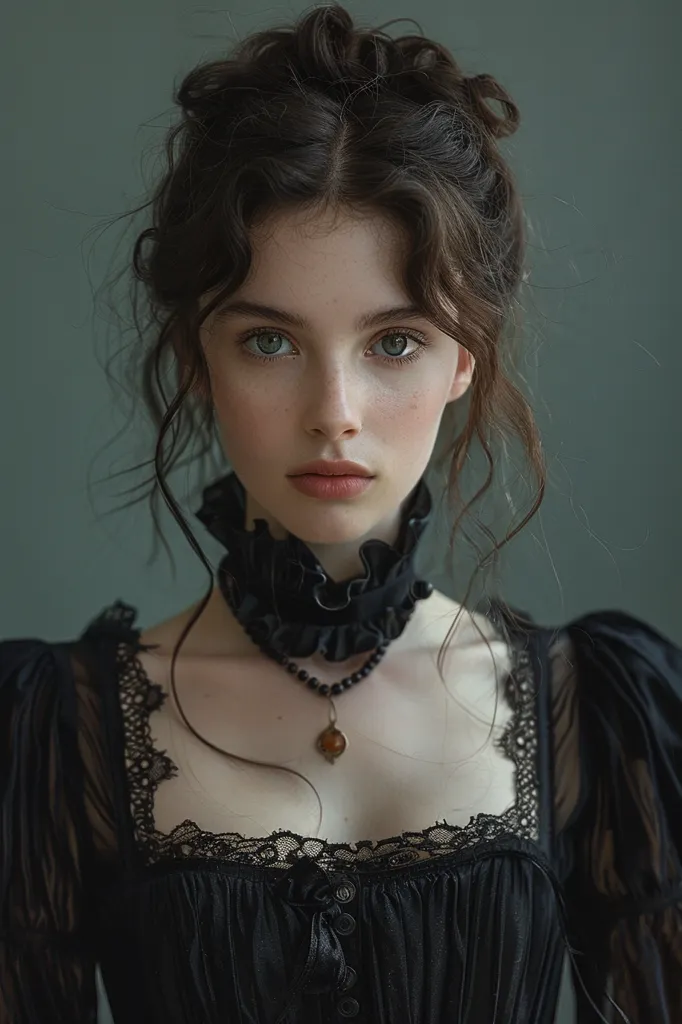 a portrait of a XVII century british lady. 30 years old, pregnant, black dress. Average british face. Evil. Antagonist. Dark and shady. Evil look. White pale skin. Hyper-realism. Photorealism. cinematic. --ar 2:3 --s 750