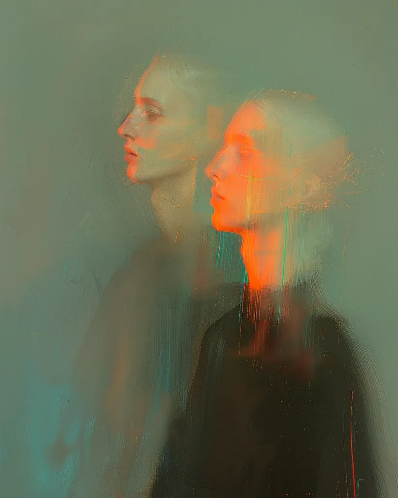 The image is a portrait of two people, a man and a woman, their faces close together, with the man in front, and the woman behind him. Their faces are partially obscured, suggesting a sense of mystery and intimacy. The background is a soft green color and the image has a dreamy and ethereal feel. The woman’s face is illuminated with an orange glow, highlighting her features.  The image is painted in a painterly style with strokes of blue and orange.  The image evokes a sense of longing and connection.  The image is painted with a soft, ethereal style, giving it a dreamlike quality.