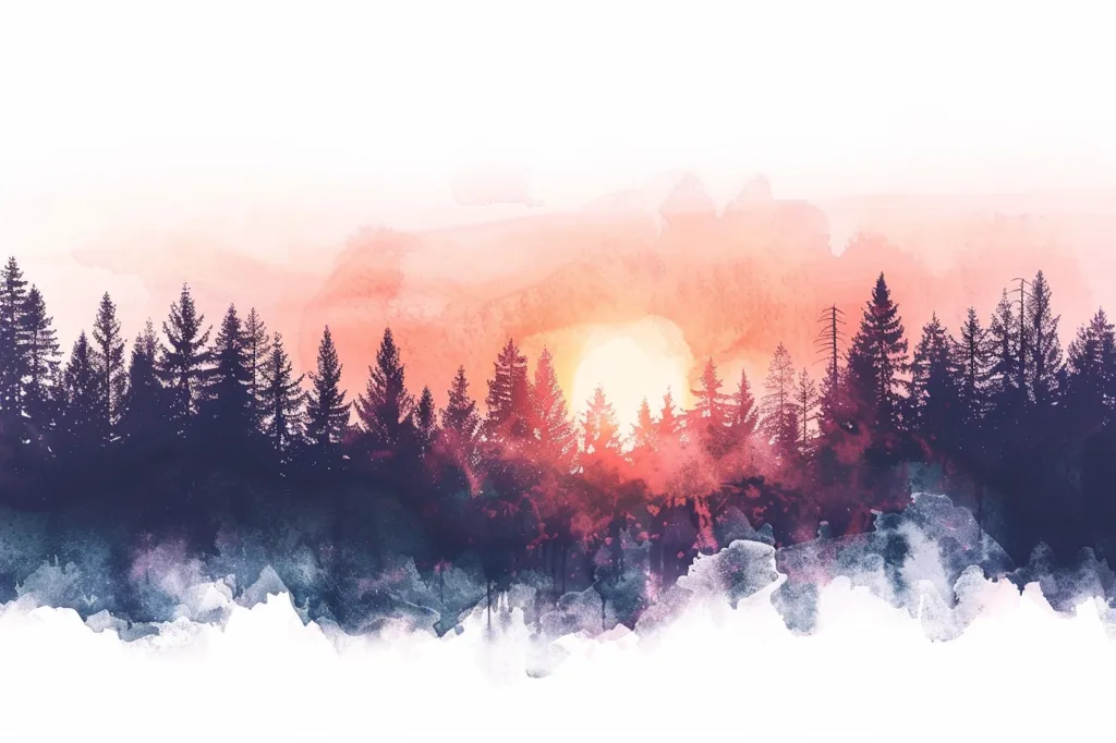 A watercolor painting of a forest silhouetted against a vibrant sunset. The sky is a mix of orange, pink, and yellow, and the trees are dark and dense. The sun is a bright circle in the center of the sky, and its light is spreading out over the scene. The painting is created with a hazy, ethereal quality, giving it a dreamlike feel.