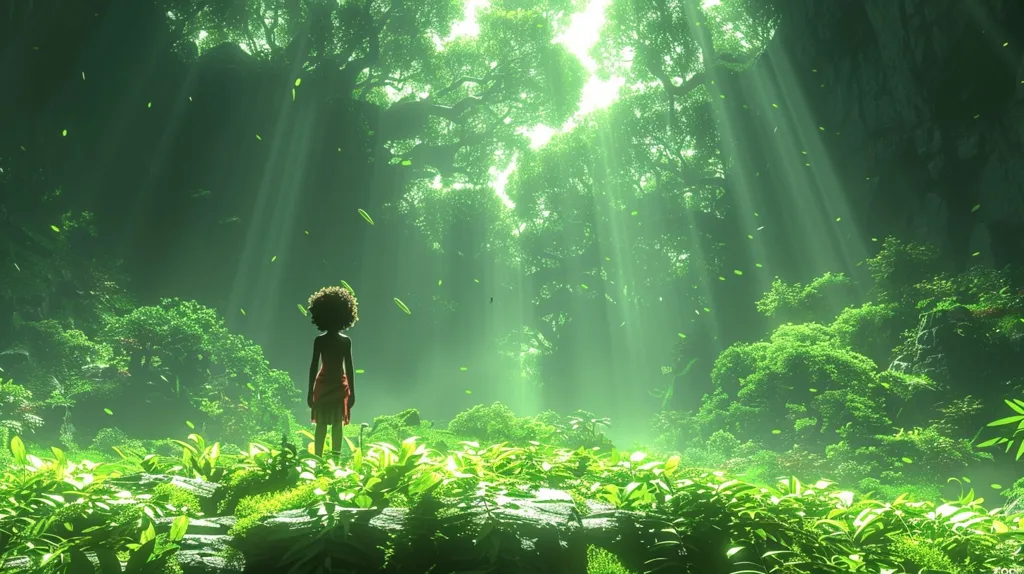 A young, dark-skinned child stands in a lush, green forest, bathed in golden sunlight. The air is filled with falling leaves, creating a magical atmosphere. Tall trees tower over the child, their branches reaching towards the sky. The scene evokes a sense of wonder and tranquility.