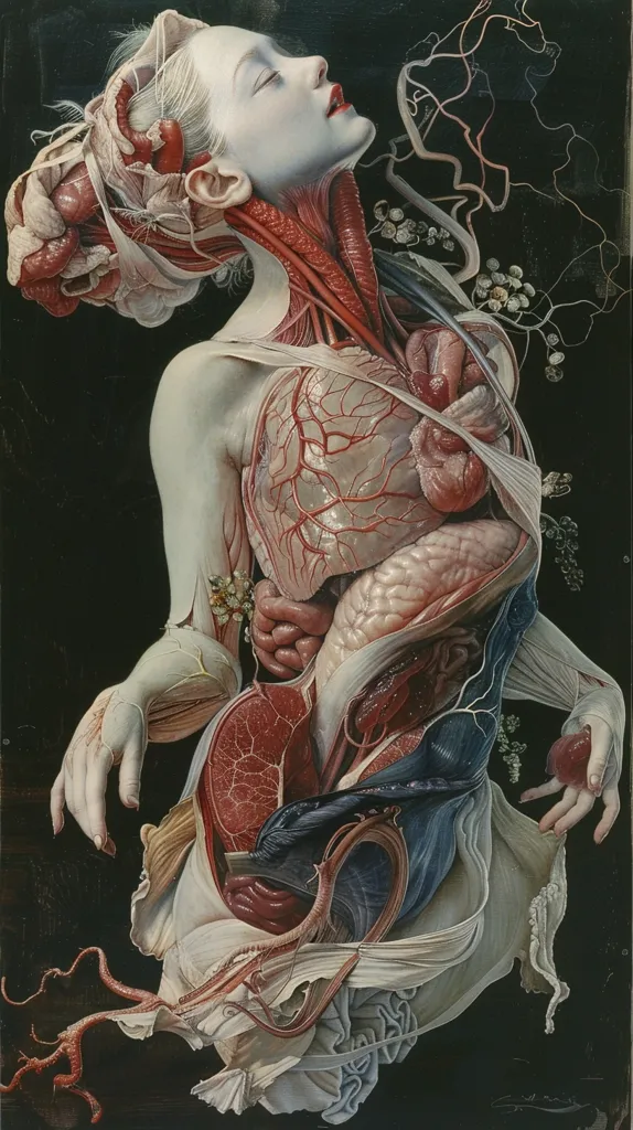 The image depicts a woman with her internal organs exposed and intertwined with delicate, organic-looking structures.  Her skin is pale, and her eyes are closed, giving her a serene expression. The  intricate detail of the organs and the surrounding elements create a sense of beauty and fragility, contrasting with the unsettling nature of the subject matter.  The overall effect is a surreal and thought-provoking piece of art.