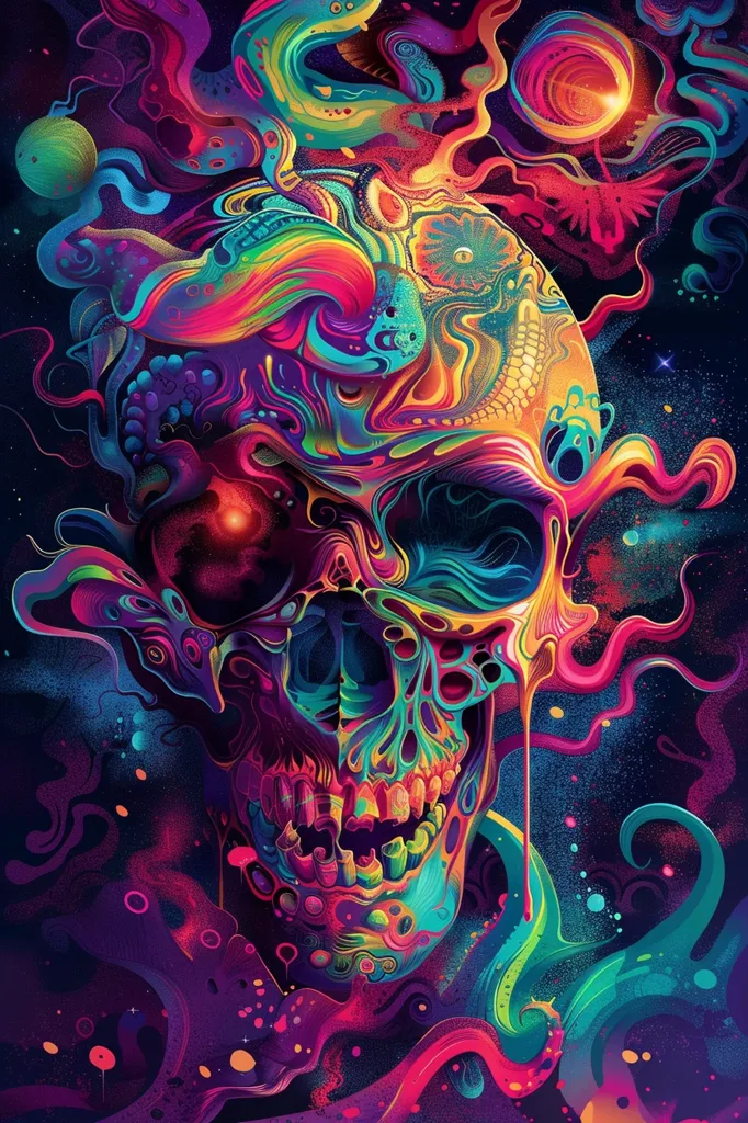 A vibrant, abstract skull is depicted against a dark, starry background. It's adorned with swirling, neon-colored patterns and textures, giving it a psychedelic and otherworldly appearance. The skull's eye socket is filled with a glowing red orb, adding to the surreal nature of the artwork. The entire composition is a visual feast of colors and shapes, evoking a sense of mystery and wonder.