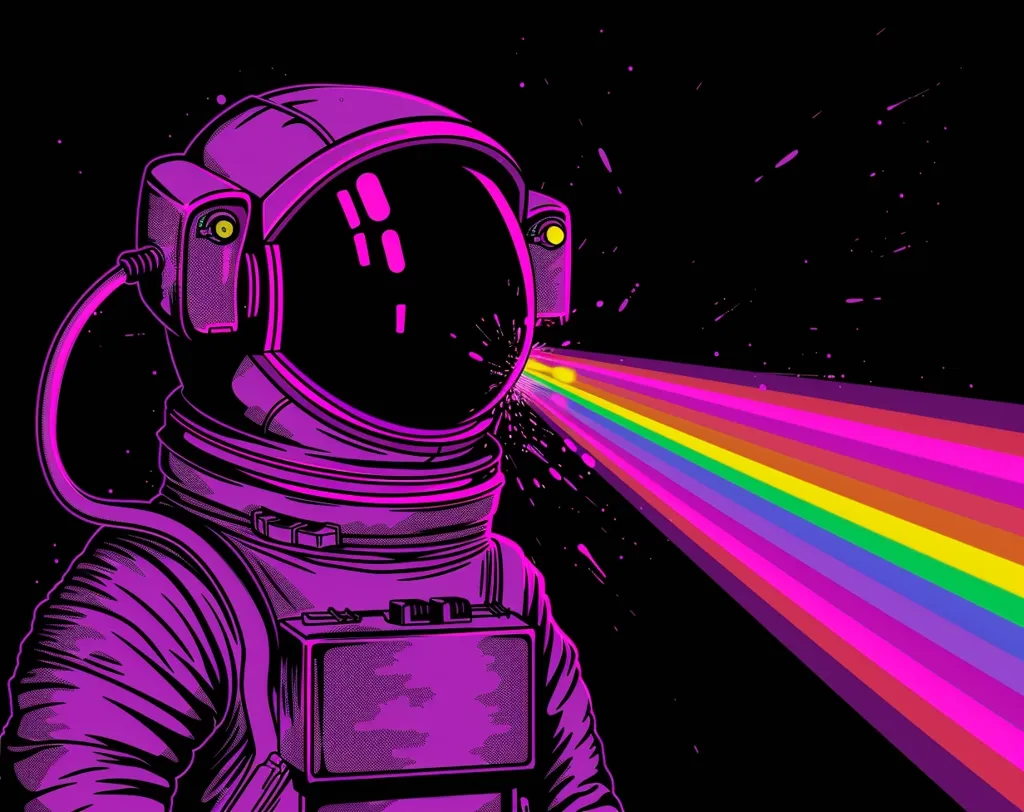 The image depicts a purple astronaut silhouetted against a black background, with a rainbow beam of light radiating from the helmet's visor. The astronaut is wearing a classic space suit with a large, round helmet, and is depicted in a simple, line art style. The background is speckled with white dots, adding to the sense of space and isolation. The image evokes a sense of wonder and the exploration of the unknown.