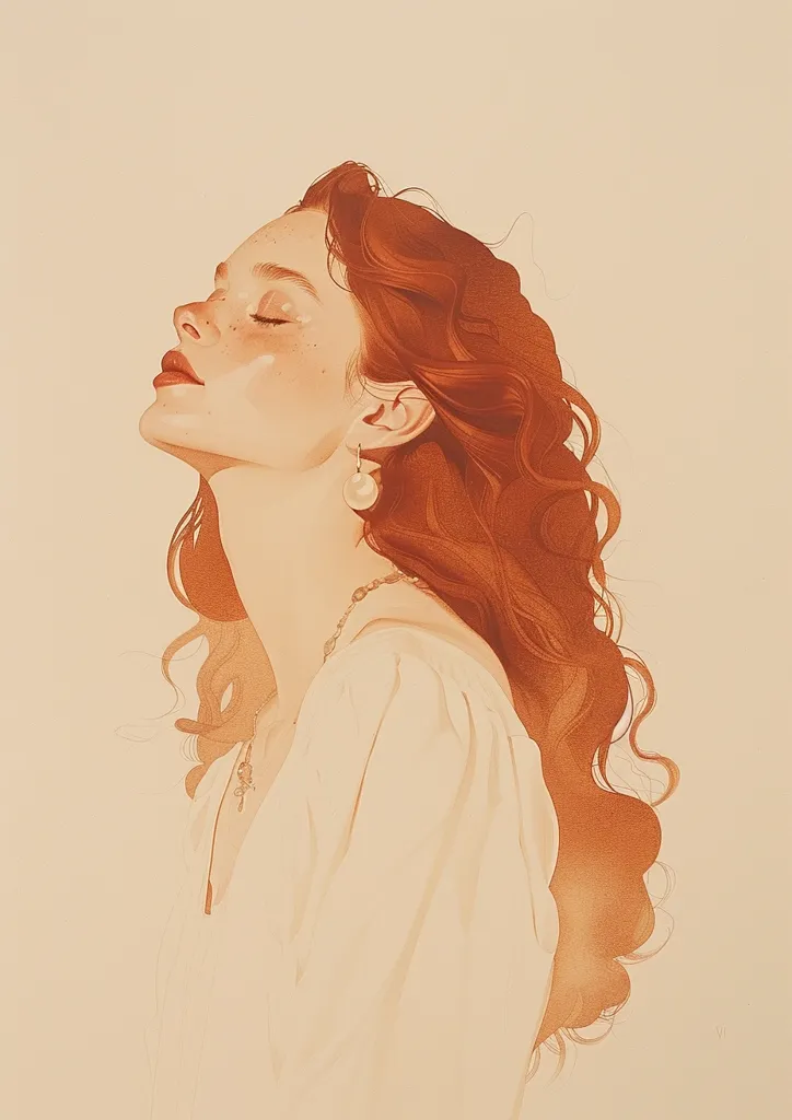 The image is a digital painting of a woman with long, flowing red hair. Her eyes are closed, and her head is tilted back in a relaxed pose. She wears a white shirt with a delicate necklace, and her ears are adorned with pearl earrings. The overall tone of the painting is soft and romantic, with a warm color palette.  The artist has captured the beauty of the woman's features and the allure of her flowing hair.  The painting is a celebration of femininity and grace.