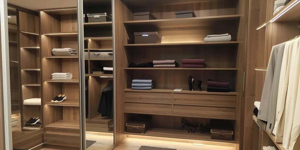 A well-organized walk-in closet with wood-paneled walls and shelves. It features a mirrored sliding door, multiple shelves, and drawers, all illuminated by LED lights. The shelves are filled with neatly folded clothes, shoes, and accessories. There are also decorative items on the shelves, suggesting a personalized touch. The overall design is modern and elegant, reflecting a sense of order and practicality.