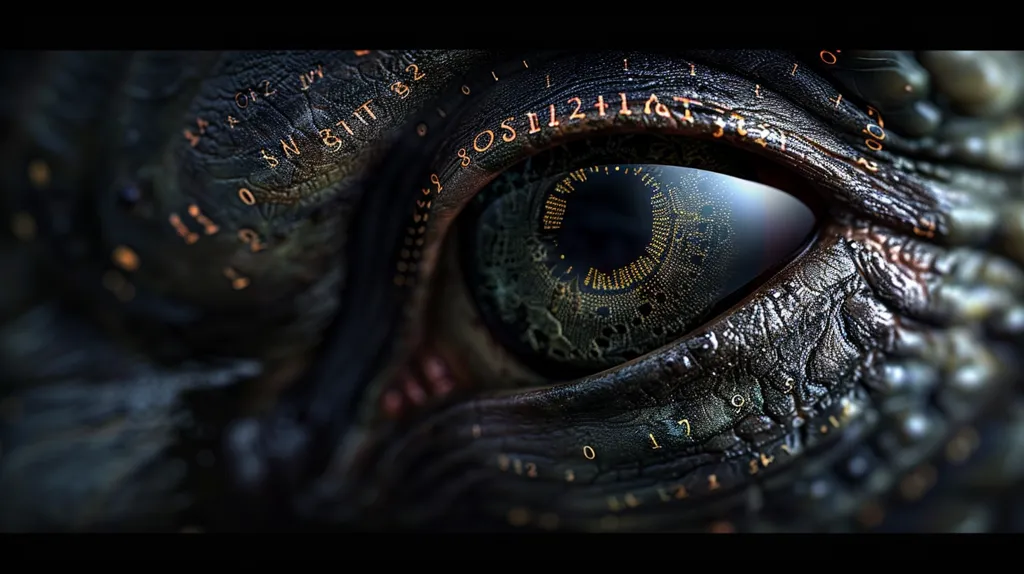 The image is a close-up of a creature's eye, seemingly made of dark, textured material with gold numbers embedded in its surface. The eye itself is black and surrounded by a blue halo, with a complex pattern of gold dots radiating outward. The image evokes a sense of mystery and otherworldliness.