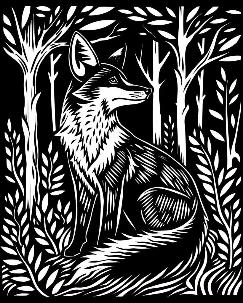 The image is a black and white woodcut style illustration of a fox sitting in a forest. The fox is depicted in profile, with its head turned to the right, looking out of the frame. The fox's fur is depicted with a series of parallel lines, and its ears are pointed and erect. The forest is depicted with a series of trees and leaves. The image is framed by a black border. The style of the image suggests a vintage or traditional aesthetic.
