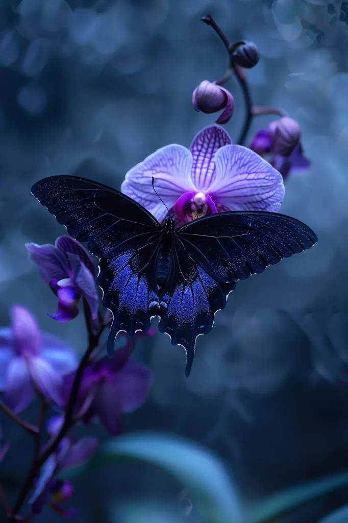 A large, black butterfly with iridescent blue wings is perched on a purple orchid. The orchid has a delicate, white and purple bloom, with a pink center. The background is a soft blue blur, creating a dreamy, ethereal atmosphere. The image is a study in contrasts, with the dark butterfly against the light flowers, and the sharp focus on the butterfly against the blurry background.  The image is a beautiful example of nature's artistry.
