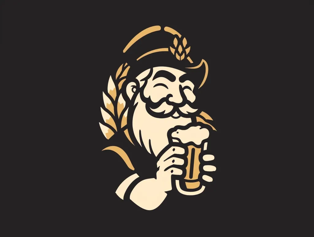 The image shows a cartoon man with a bushy beard and mustache wearing a cap adorned with a wheat stalk. He is holding a glass of beer, his eyes closed in pleasure, suggesting a delightful drink. The illustration is rendered in a vintage style with bold outlines and a golden hue against a dark background. The overall image is reminiscent of a traditional beer advertisement, exuding a sense of enjoyment and camaraderie.