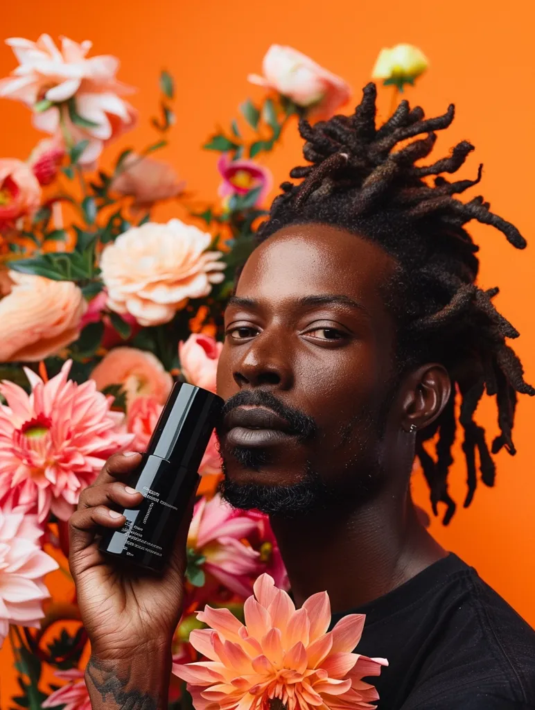A young Black man with dreadlocks holds a black bottle of skincare product to his face.  He is surrounded by a lush bouquet of pink and orange flowers, set against a vibrant orange backdrop.  The image is bright and colorful, highlighting the man's beauty and the product's aesthetic appeal.