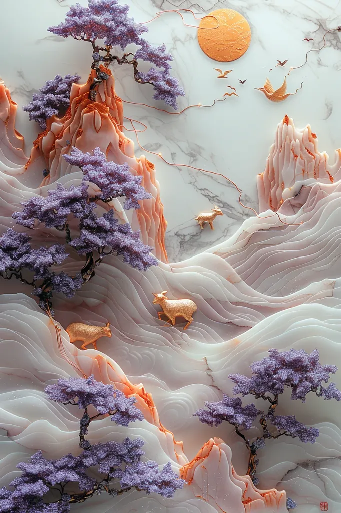 The image depicts a delicate and intricate landscape sculpted from jade. Delicate purple trees and golden animals are nestled amidst swirling white and orange mountains, with a golden sun shining above. It appears to be a stylized Chinese landscape, emphasizing the natural world's beauty and the harmony of its elements. The image is calming and ethereal, showcasing the intricate detail and artistry of jade carving.