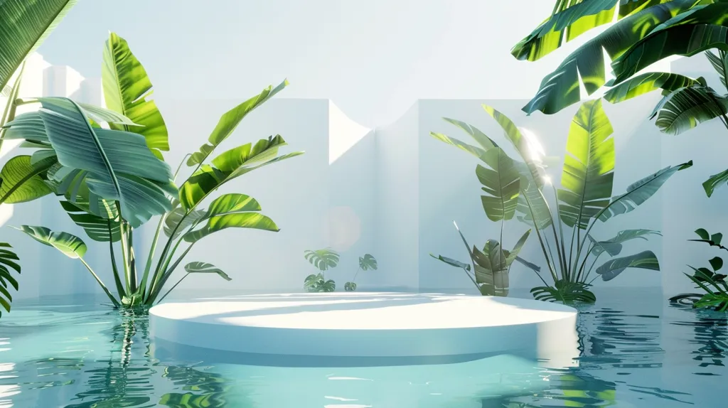 A white platform sits in a pool of turquoise water, surrounded by lush green tropical plants. The white walls and bright sunlight create a minimalist and serene atmosphere. The image evokes a sense of calm and tranquility, perfect for showcasing products or creating a peaceful backdrop.