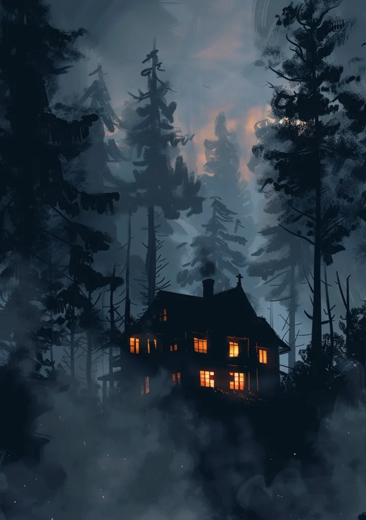 A dimly lit, shadowy house sits nestled in a dense, dark forest. The house is illuminated by warm, glowing windows, casting a beacon of light through the tall, ominous trees. The thick fog adds to the eerie atmosphere, enveloping the house and surrounding woods. The scene evokes a sense of mystery and isolation.