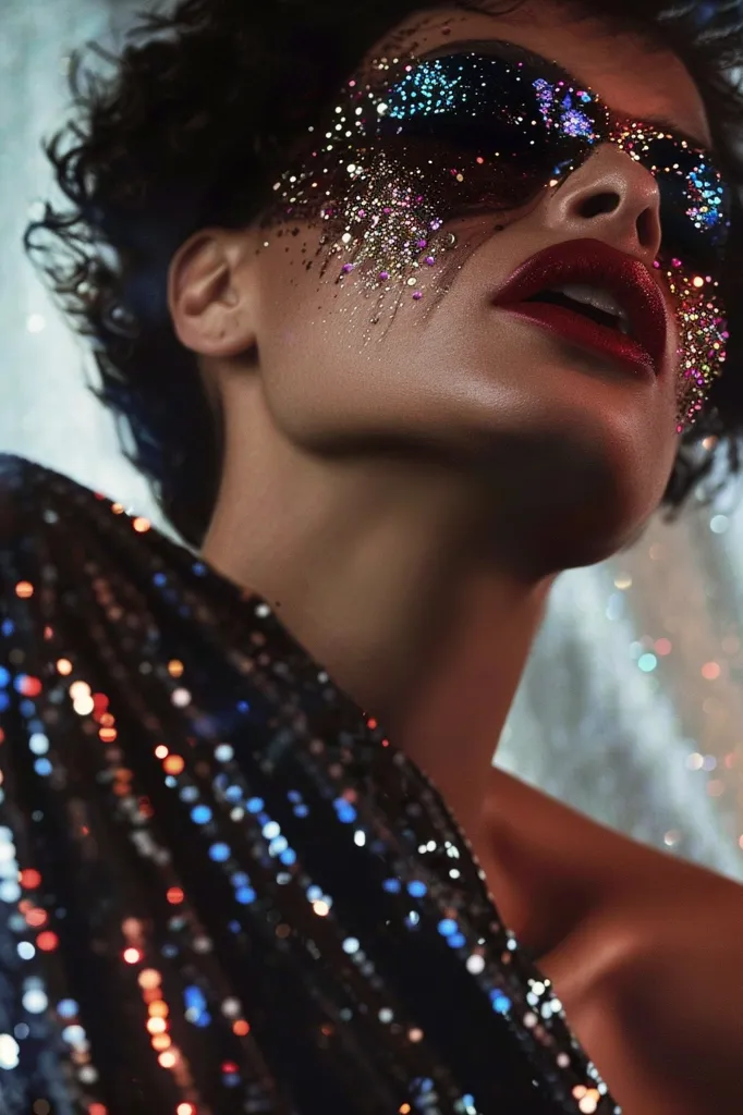 The image shows a close-up of a woman's face. Her skin is covered in shimmering glitter, with a particularly concentrated amount around her eyes, which are accented with bold red lipstick. Her hair is dark and curly, and she is wearing a sequined top. The background is out of focus, but appears to be a blurred light source. The overall impression is one of glamor and celebration.