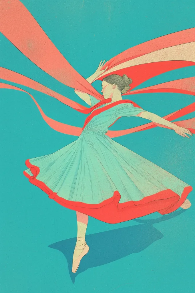 A woman in a flowing teal dress with a red trim dances with a red scarf. The woman has her hair pulled back in a bun and is wearing ballet shoes. The background is a solid teal color. The image is a stylized illustration that captures movement and grace. The scarf swirls around the woman's body, creating a sense of energy and freedom. The teal dress and red scarf complement each other perfectly, creating a visually appealing contrast. The image is a celebration of the beauty of movement and the power of dance.