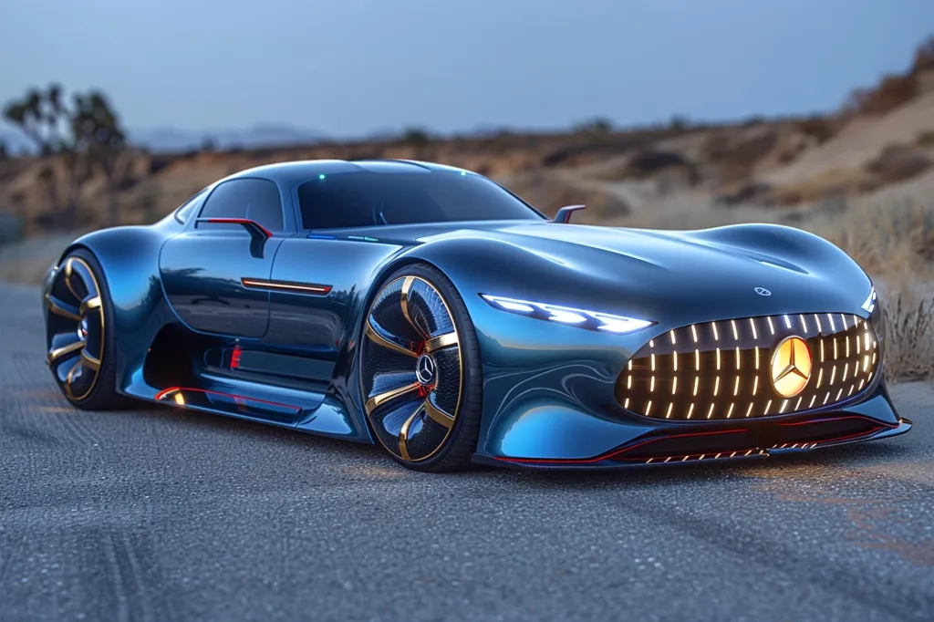A sleek, futuristic, dark blue sports car with a gold and black wheel sits on a paved road, with a desert landscape in the background. The car has a distinctive grille with horizontal lights that create a mesmerizing effect. The car's design emphasizes sharp angles and a low profile, giving it an aggressive and powerful stance.  The car's body reflects the late afternoon light, creating a dramatic contrast against the desert.  The overall image suggests speed, luxury, and innovation.