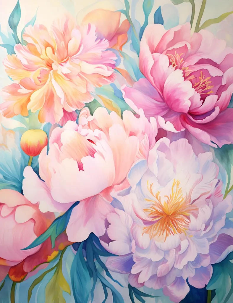 The painting depicts a bouquet of pink peonies in various shades, with some featuring white and yellow centers. The flowers are arranged in a cluster, with their delicate petals overlapping and creating a soft, romantic atmosphere. The background is a light, airy wash of blue and white, creating a sense of depth and airiness. The painting is a celebration of the beauty and fragility of nature.