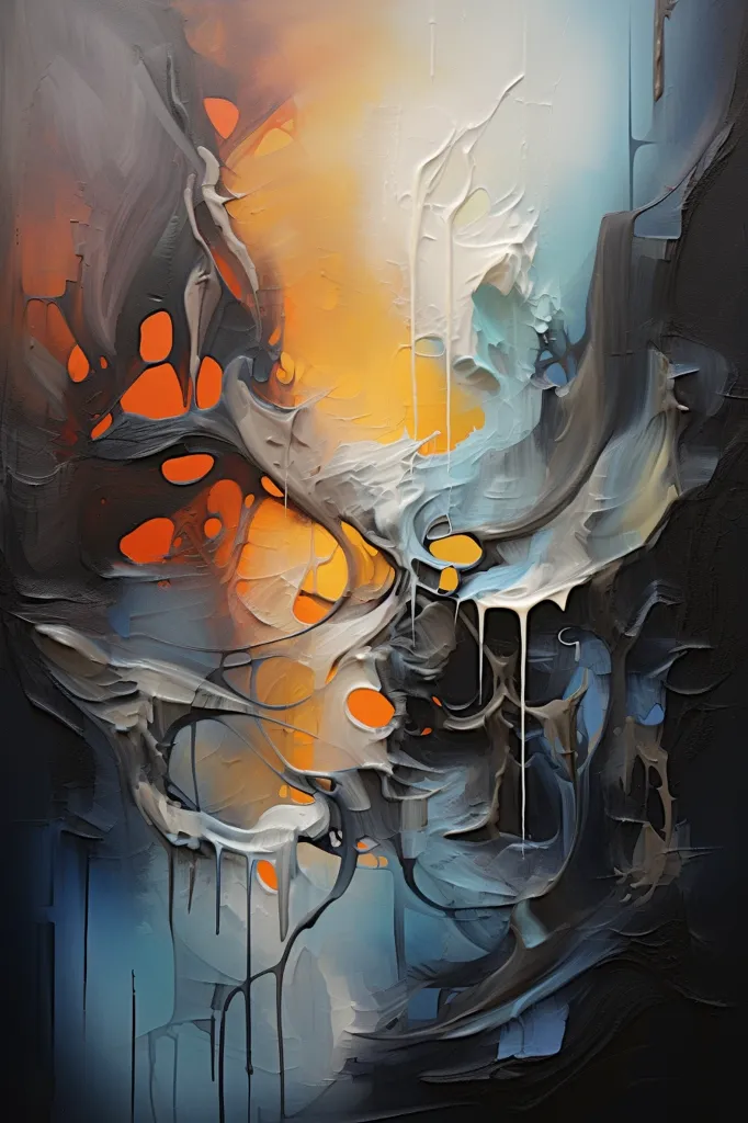 The abstract painting features a dynamic interplay of swirling, organic shapes and bold colors. The dominant hues are dark grey, blue, and orange, with white accents. The paint appears thick and textured, creating a sense of depth and movement. The overall composition evokes a feeling of fluidity and energy.