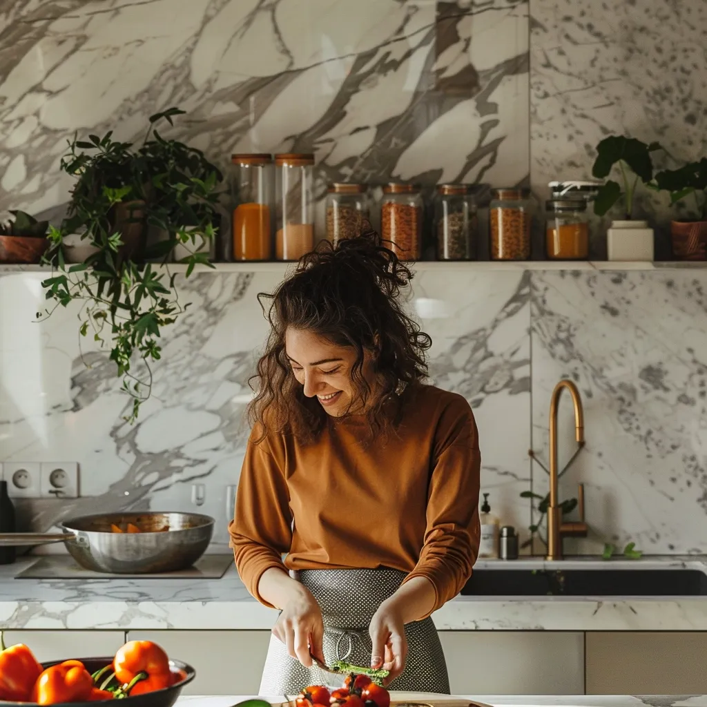 A woman with long curly hair is standing in a kitchen, wearing a brown shirt and a grey and white patterned skirt, smiling as she prepares a meal. She is chopping vegetables on a cutting board with a knife, while red peppers are sitting in a bowl to her left and a pot sits on the stove behind her. A marble backsplash, a kitchen sink, and various jars of spices are visible on the counter behind her. The space is well-lit with natural light.