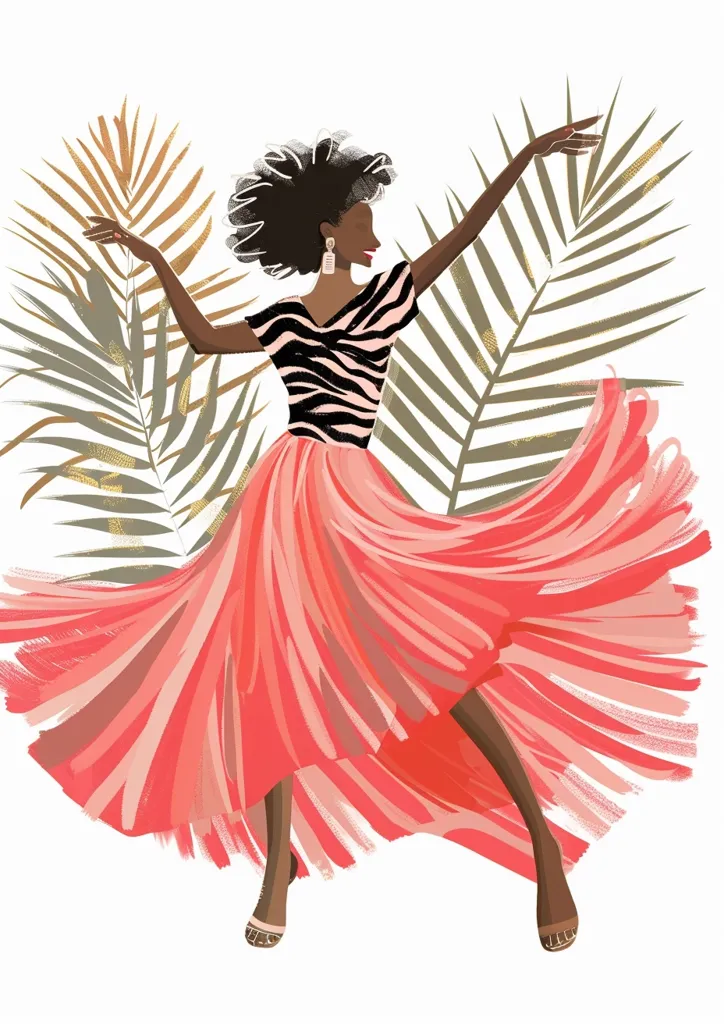 A woman with dark skin and curly hair wears a zebra-striped top and a flowing coral skirt. She dances with her arms outstretched, her skirt billowing behind her. Two palm leaves with gold accents frame her, adding a tropical flair to the scene. The woman’s confidence and joy are palpable, making the image feel energetic and celebratory.