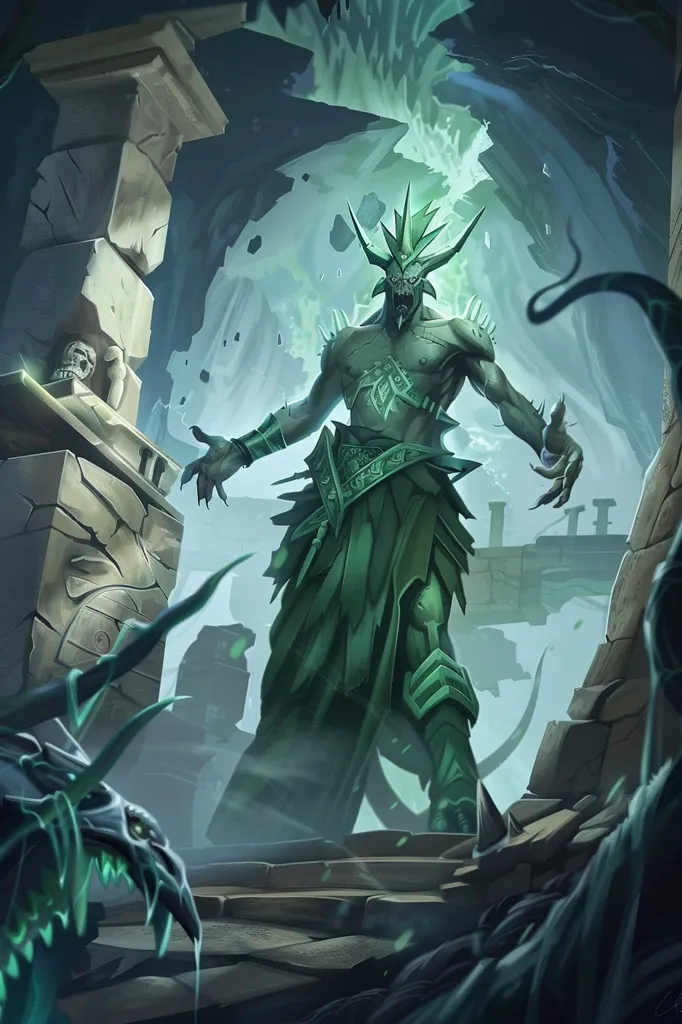 A monstrous, green-skinned figure with a spiky crown and a menacing grin stands amidst crumbling ruins. The figure is shrouded in a misty, green aura. Its body is adorned with spikes and a tattered green loincloth. Its hand is outstretched towards the viewer, its sharp nails gleaming ominously. The ruins behind the figure suggest a scene of destruction and decay.  The figure is surrounded by dark, swirling shadows, adding to the sense of unease. The image evokes a sense of power and danger.  The figure's piercing gaze and menacing stance suggest that it is a formidable opponent.  The crumbling ruins and the dark, swirling shadows create an atmosphere of mystery and suspense. The image is a visual representation of a powerful and fearsome creature.