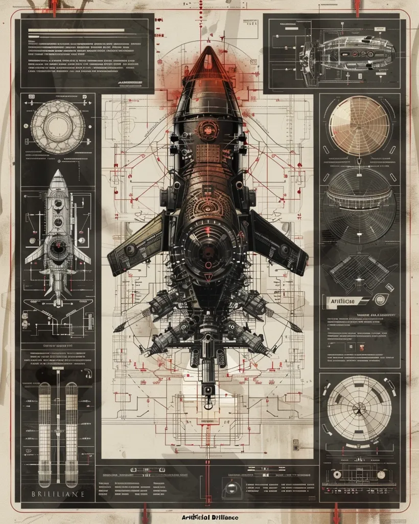 The image is a technical blueprint for a spaceship, a mix of steampunk and sci-fi aesthetics. The central focus is the ship itself, drawn in intricate detail, with its body, wings, and engines. Around it are various diagrams, schematics, and data displays, hinting at the ship's functionalities and capabilities.  A faded, beige background suggests an old, forgotten technology. The overall style conveys a sense of grandeur, complexity, and the wonder of technological innovation.  "Artificial Brilliance" and "Antisoae" are written at the bottom, seemingly referring to the ship's designation.