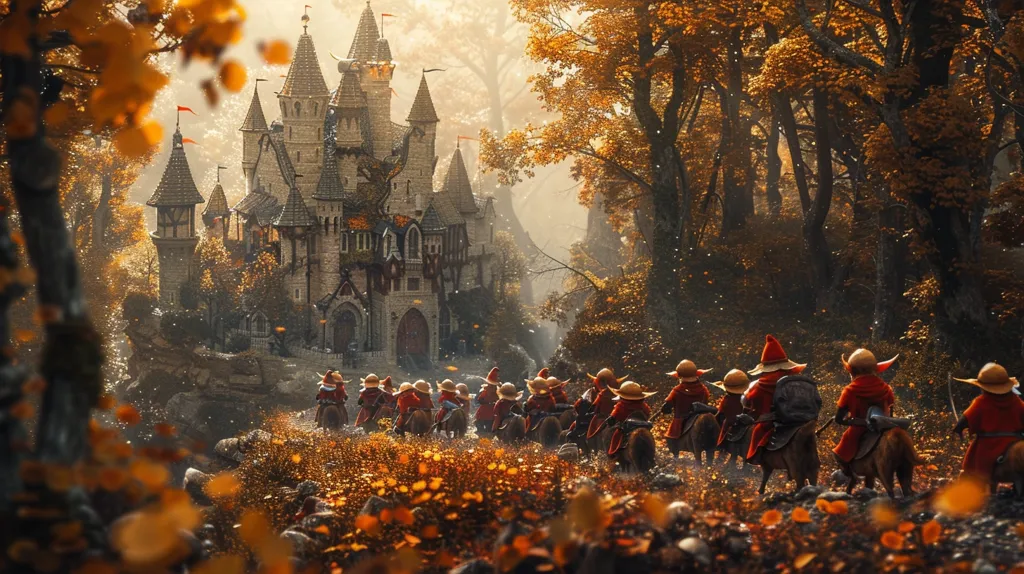 A group of knights, clad in red cloaks and wide-brimmed hats, ride through a golden autumn forest. They approach a large, ornate castle nestled amongst the trees. The scene is bathed in warm sunlight, creating a magical and enchanting atmosphere.  Fallen leaves cover the ground, adding to the sense of autumnal beauty.