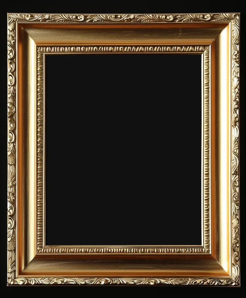 The image shows a golden picture frame with ornate details. The frame is positioned against a black background, highlighting the intricate carvings and gilded finish. The frame is empty, suggesting a blank canvas or a space waiting to be filled.  The ornate details and the gold color create a sense of elegance and classic beauty.