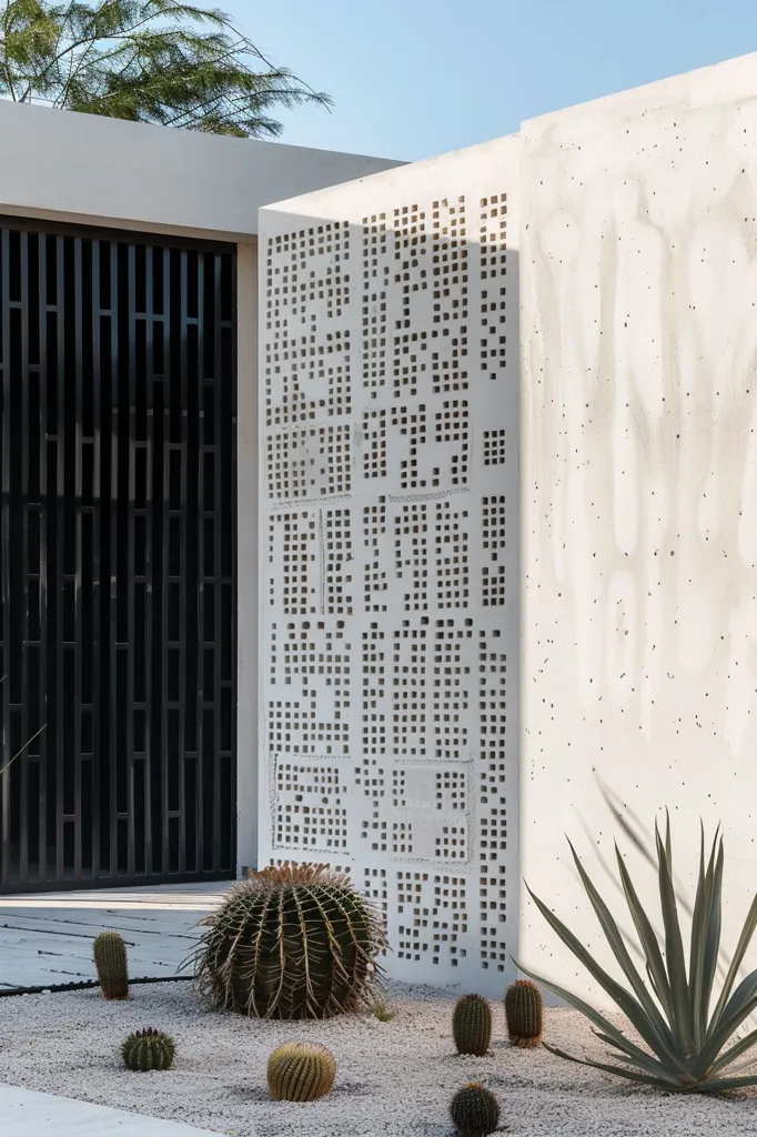 The image shows a modern building with a unique architectural design. The exterior features a large white wall with a geometric pattern of small squares cut out. The wall is juxtaposed with a black metal gate that provides a sharp contrast. In front of the building, a small garden features a large cactus and other desert plants, highlighting the contemporary and arid aesthetic of the design.