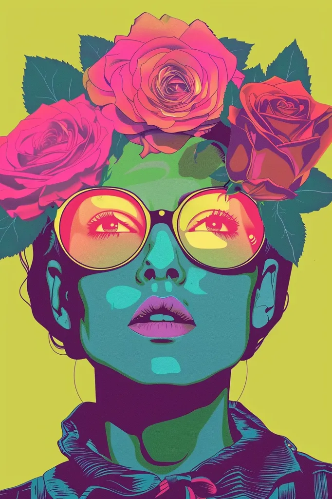 A stylized portrait of a woman with vibrant blue skin and large, round sunglasses. She has a crown of pink roses on her head and her lips are a striking purple. The background is a bright yellow. The overall style is bold and graphic.  The image is eye-catching and has a pop art feel.