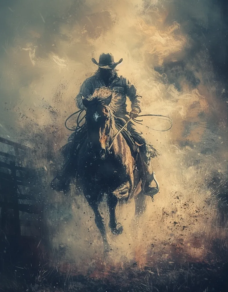 A cowboy wearing a wide-brimmed hat rides a horse through a cloud of dust. The horse's hooves kick up dirt as it gallops forward. The background is a hazy blur of browns and yellows, creating a sense of motion and speed. The image evokes a feeling of freedom and adventure.