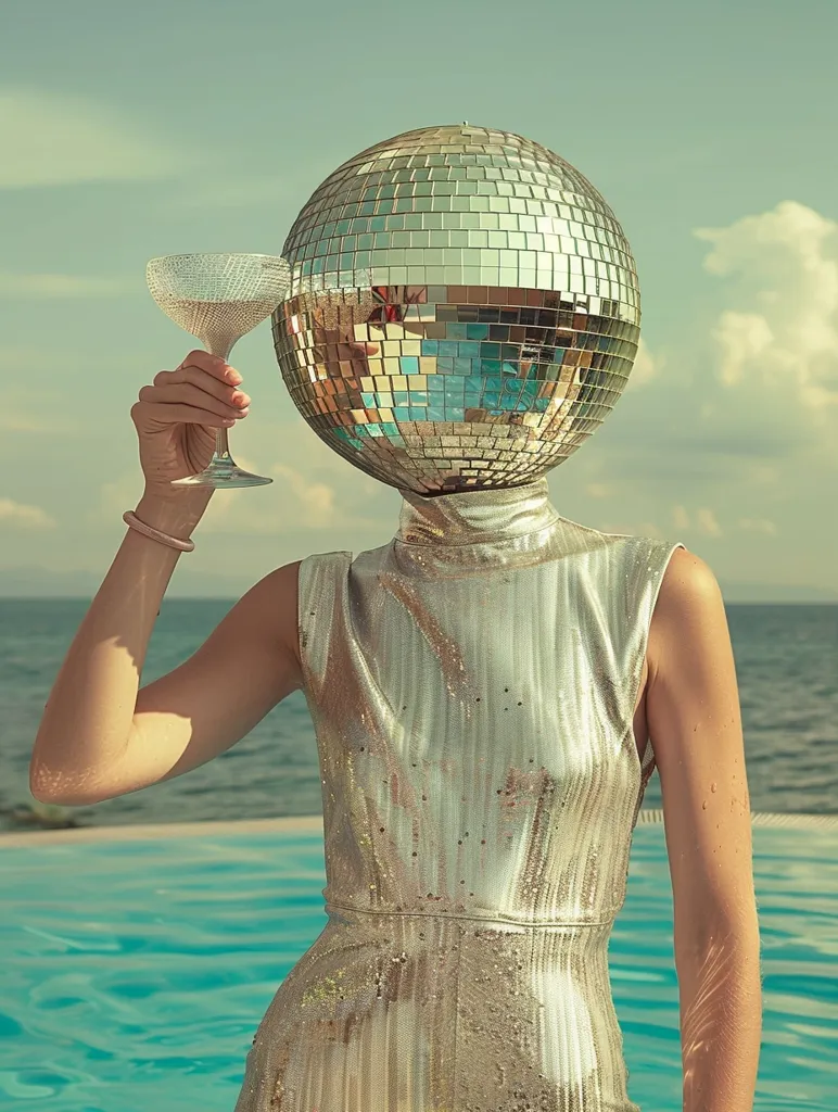 A woman in a silver sequined dress has a disco ball for a head. She is holding a cocktail glass in her right hand and smiling.  The backdrop is a blue swimming pool and a bright blue sky.  The image has a vintage and retro feel.