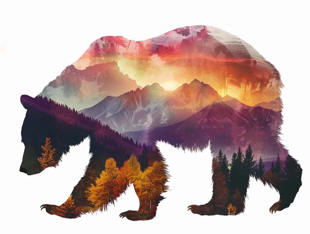 The image is a double exposure photograph of a bear silhouette superimposed over a mountain landscape. The silhouette of the bear is in the foreground, with a breathtaking mountain range visible through the bear’s form. The colors are vibrant and warm, with hints of orange, red, and purple. The image evokes a sense of wilderness and the power of nature.  The bear appears to be walking through the landscape, symbolizing the animal's place in the natural world.