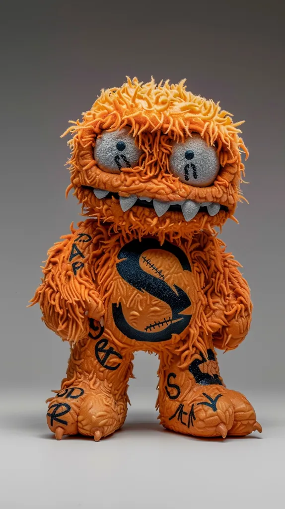 A fuzzy orange monster with a toothy grin stands with its feet firmly planted. The monster has a black "S" emblazoned on its chest, with black scribbles on its arms and legs. Its eyes are white with black pupils. Its fur is long and shaggy, giving it a playful and friendly look. The monster appears to be made of a soft, textured material.