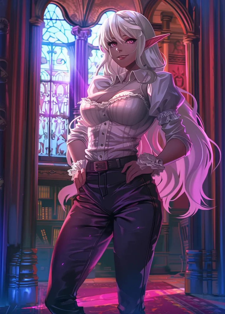 The image depicts a woman with long white hair, a pointed ear, and a confident stance. She wears a white shirt over a corset, dark pants, and a belt. The woman is in a room with stained glass windows and dark wood paneling. The lighting is dim and purple, casting an air of mystery and intrigue.