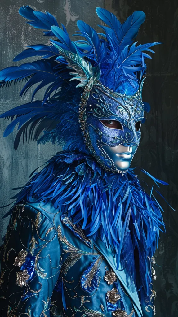 A person is wearing a blue masquerade costume.  They have a large feathered headdress and a blue mask with silver detailing. The costume is ornate and detailed, with lots of feathers and embroidery. The background is a blurry blue-grey color.  The person is looking directly at the camera with a mysterious and alluring expression.