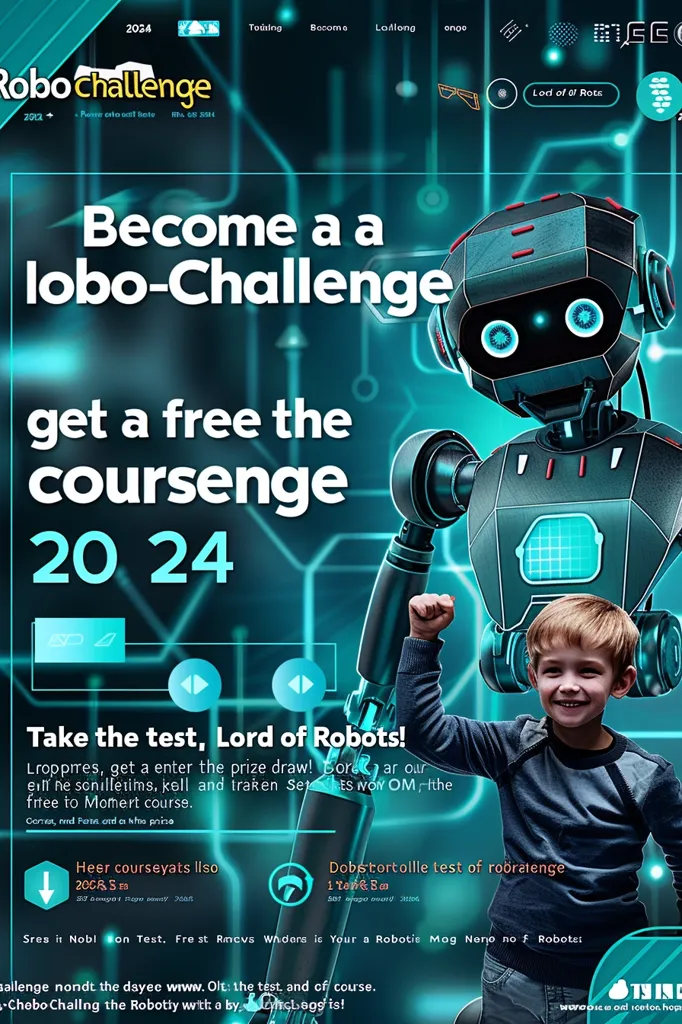 The image is a colorful advertisement for a robot challenge. It features a cartoon robot holding its fist up, with a young boy smiling behind it. The text encourages viewers to "Become a lobo-Challenge," "get a free the coursense," and "Take the test, Lord of Robots!" The ad also mentions a prize draw, free courses, and a "Dobstortolle test of roboraienge." The overall tone is energetic and fun, inviting viewers to join the challenge.