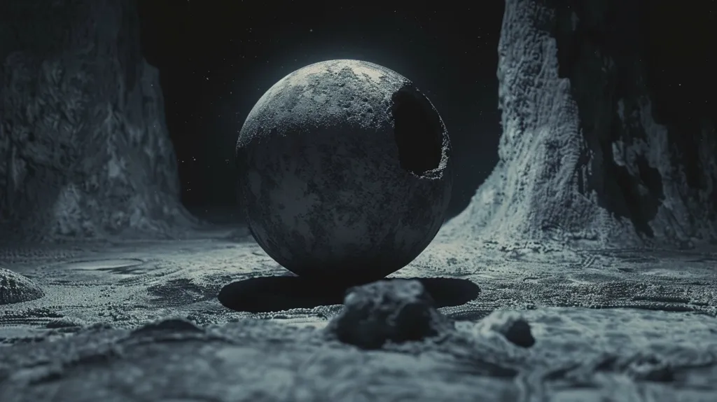 The image depicts a desolate, gray landscape with a large, spherical object in the foreground. The sphere has a large, gaping hole in it and a rough, textured surface, hinting at a violent history. The surrounding terrain is barren and rocky, with a subtle sheen of frost. The scene is shrouded in darkness, with a faint glow emanating from behind the sphere, suggesting an unseen source of light. The image evokes a sense of loneliness and isolation.