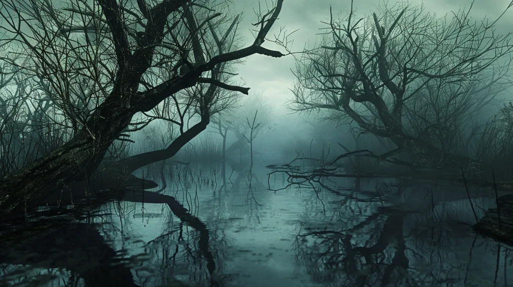 The image depicts a swampy, foggy forest. Bare branches of trees reach towards the misty sky, their reflections mirrored in the still, murky water. The atmosphere is eerie and mysterious, suggesting a sense of isolation and hidden dangers. The lack of color emphasizes the gloomy and oppressive mood.
