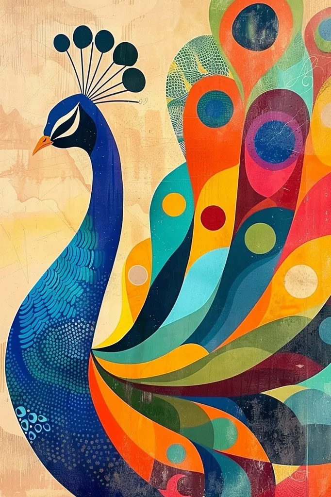 The image is an abstract depiction of a peacock. Its body is a vibrant blue with a textured pattern of dots and lines. The tail feathers are an explosion of color, made up of overlapping shapes in orange, red, yellow, green, and blue. The background is a soft yellow with a hint of brown, giving the artwork a vintage feel. The bold colors and playful patterns create a lively and eye-catching design.