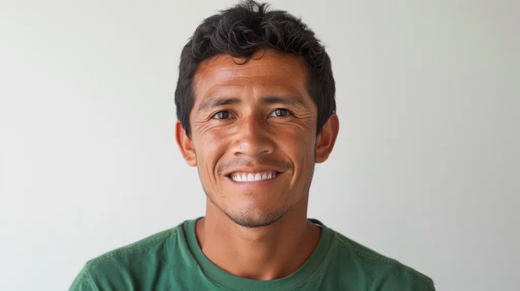 A man with dark hair and a green shirt smiles warmly at the camera. His brown eyes are crinkled at the corners, and he has a friendly, open expression. The background is a plain white wall, highlighting his features. He looks happy and approachable.
