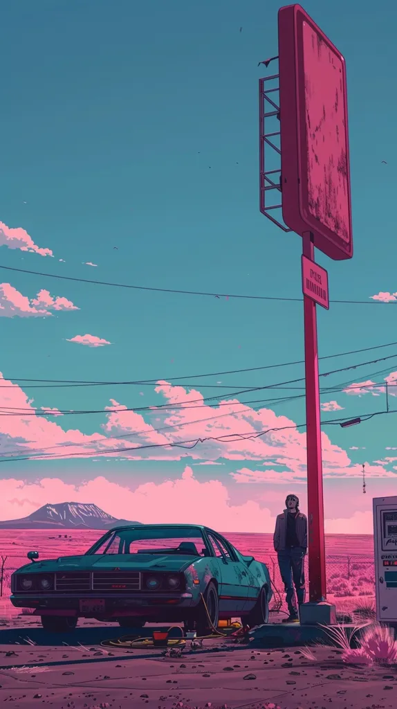 The image depicts a desolate landscape with a lone car parked in front of a gas station. The sky is a vibrant blue with pink clouds and the setting sun casts a warm glow on the scene. A man stands beside the car, seemingly lost in thought. The overall mood is melancholic and introspective.