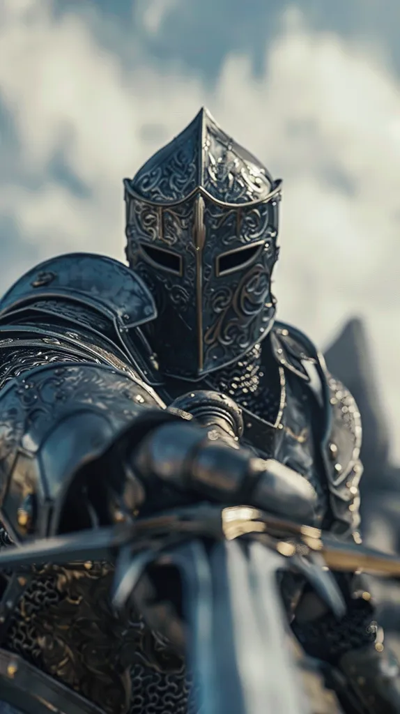 A knight in full armor, his helmet adorned with intricate designs, stands with a sword in hand. The metal shines in the sunlight, casting a reflection of the cloudy sky. The knight's face is hidden behind the helmet, but the intensity in his posture suggests a warrior ready for battle.