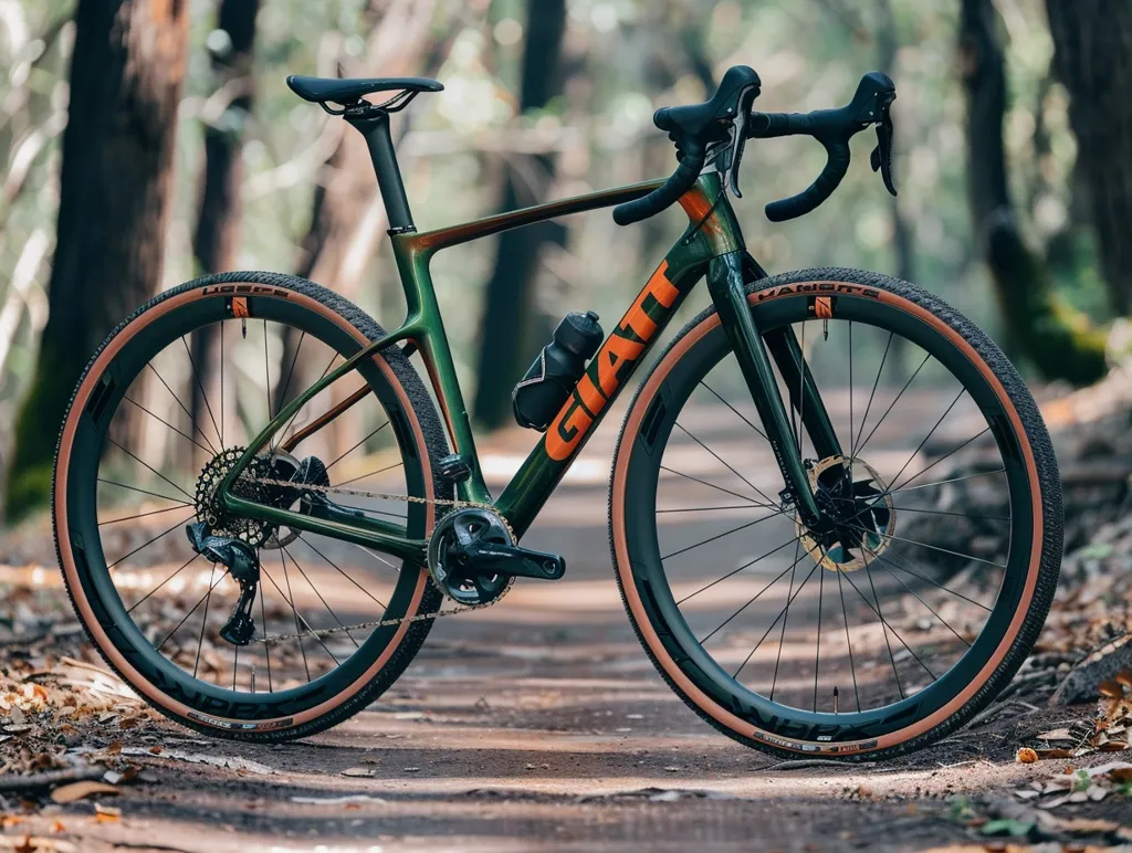 A sleek, green and black Giant gravel bike with orange accents stands on a dirt path. The bike has a carbon frame, disc brakes, and large knobby tires. The background features blurred trees and foliage. The bike is ready for off-road adventure.