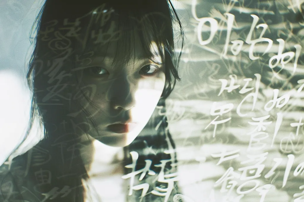 A young woman with long black hair stares intensely at the camera. Her face is partially obscured by a translucent layer of white characters that appear to be written in Chinese. The image has a dark and mysterious atmosphere.