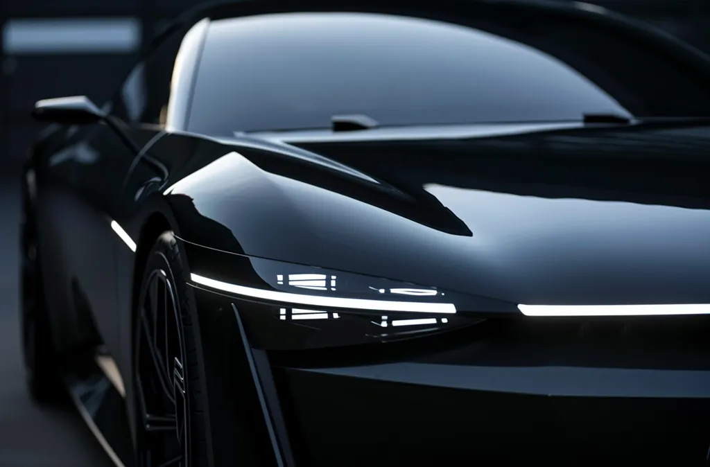 The image shows a close-up of a sleek, black sports car. The car's headlights are illuminated with a bright white glow, highlighting the sharp lines and curves of its design. The dark background and glossy paint create a sense of mystery and sophistication, emphasizing the car's luxurious and sporty nature.