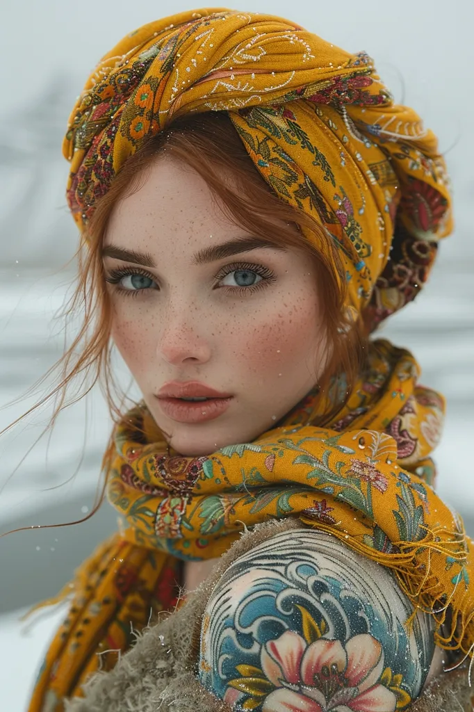 A young woman with red hair and freckles wears a yellow floral headscarf and shawl. Her blue eyes are gazing intently at the camera.  Her shoulder is partially visible, revealing a colorful tattoo of a wave and flower.  The image has a soft, dreamy quality.