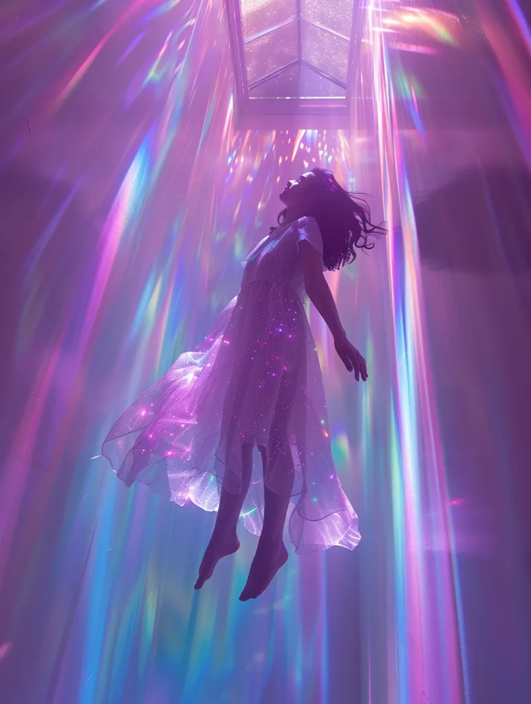 A woman in a flowing white dress levitates in a room bathed in iridescent light. The light shines down from a skylight above, creating a surreal and ethereal atmosphere. Her dress shimmers with the light, as if she were a celestial being. The overall effect is one of dreamlike beauty and otherworldly wonder.