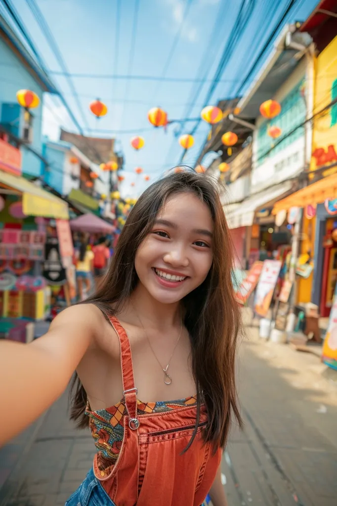 beautiful young thai girls taking selfie on sidewalk walking street patong thailand background, --ar 2:3 --v 6.0
